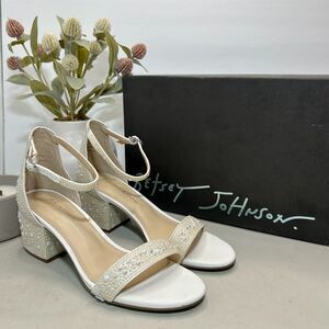 Betsey Johnson SB-Mari Block Heel Sandals Rhinestone Pearl White Women's 6.5M